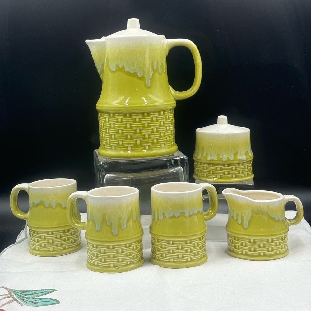 1960s Lime Green Drip Glazed Japanese Tea Set | MCM Basketweave Base | Teapot,